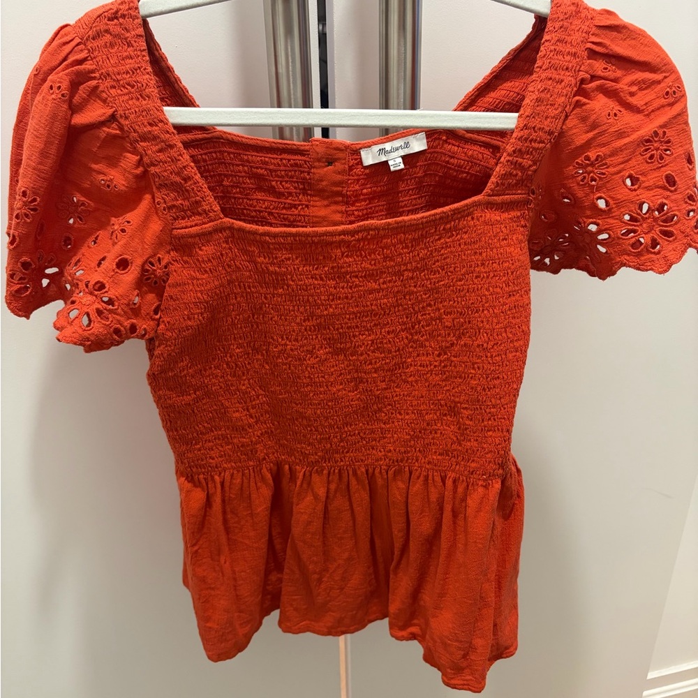 Madewell Orange Eyelet Puff Sleeve Blouse